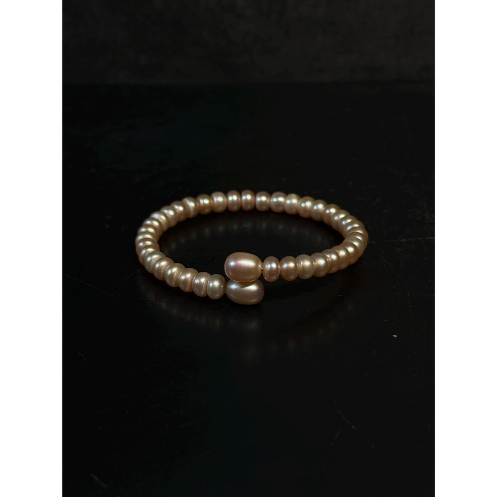 Peach Freshwater Pearl Bangle Bracelet Steel Memory Wire Size 5.5